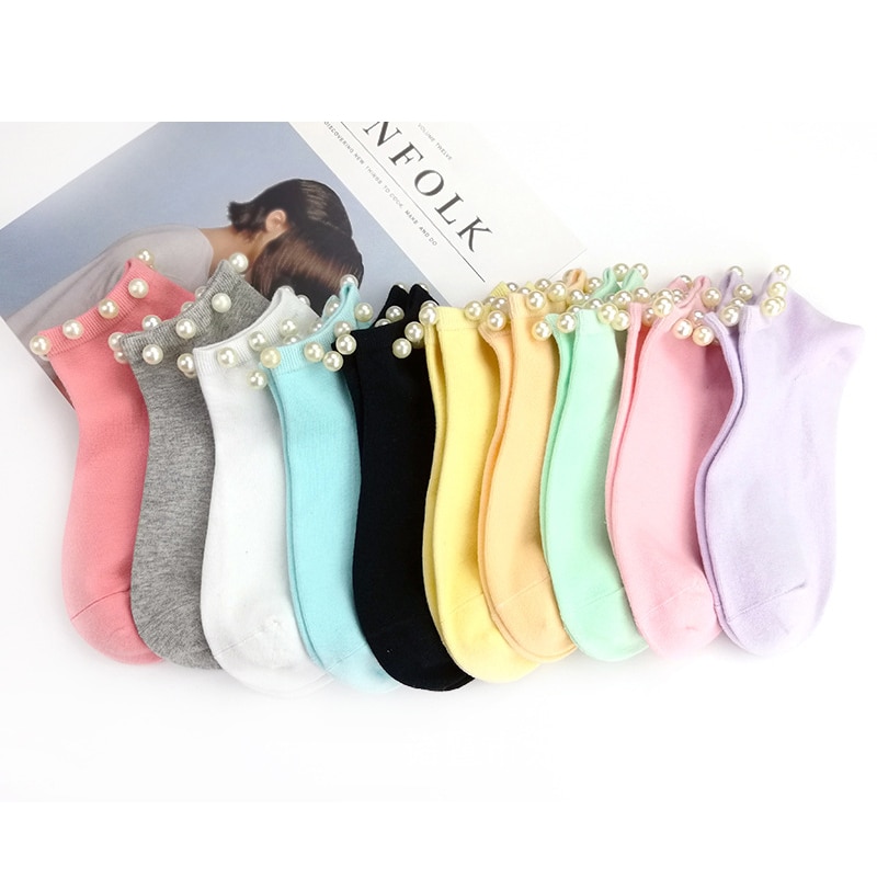 9 Colors Women Socks Cotton Lovely Candy Color Imitation Pearl Women's Socks.Casual Ladies Girl's Short female Socks S