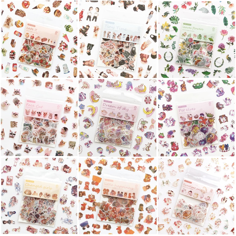 100 / Pack Creative Cute Cartoon Cat Plant Dessert Sticker Diary Scrapbook Decoration Handmade DIY Stickers Student Stationery