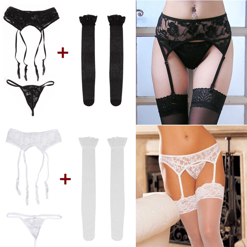 Women Lace Sexy Intimates Lady Girls Underwear G-String+Garters+Stockings 3Pcs Exotic Sets