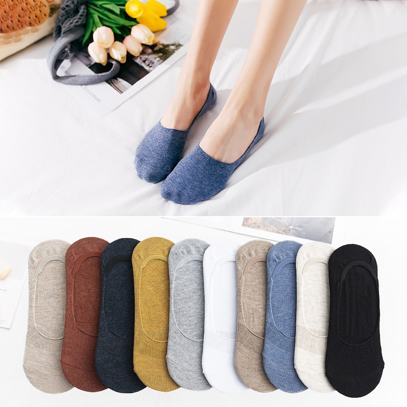 10 pieces = 5 pairs Women's Cotton Invisible No show Socks non-slip Silicone Sock Spring Summer Solid Color felmen Slipper 