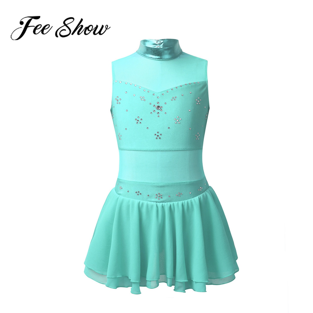 Kids Girls Skating Dress Sleeveless Tulle Tutu Dress Rhinestone Figure Ice Skating Roller Skating Ballet Dance Leotard Dress