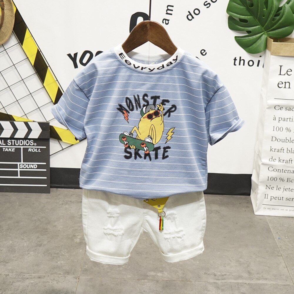 Toddler Summer Baby Boys Clothes Set Infant Baby Boys Clothes Set Cartoon T-Shirt Tops + Hole Shorts Summer Outfits 2-7year