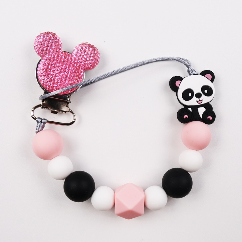 Baby Boy Girl Panda Pacifier Holder Molar Chain Bling Bling Infant Pacifier Clip Food Grade Chew Silicone Beads Baby Shower Gift
