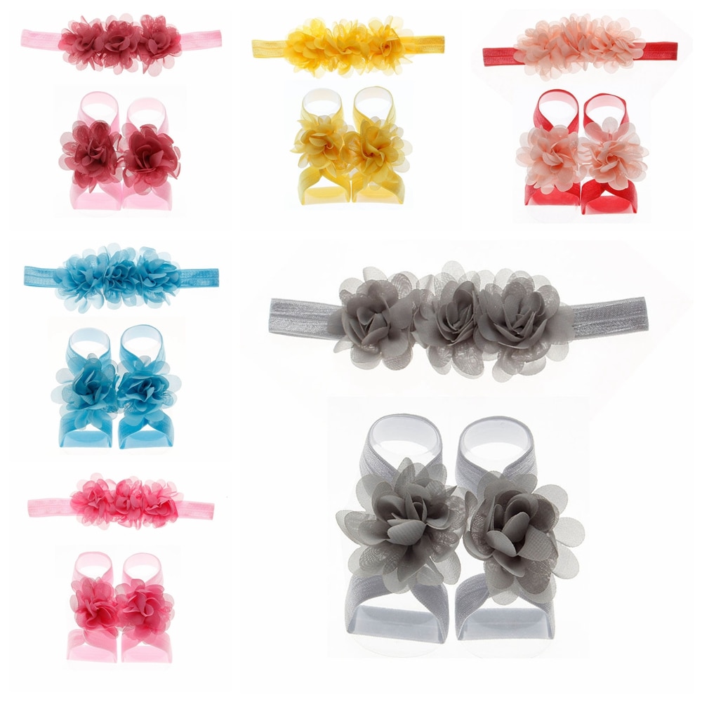 Fashion Baby Barefoot Sandals with Chiffon Flower Newborn Sandals Baptism Shoes Infant Headband Sets Photo Props Birthday Gifts