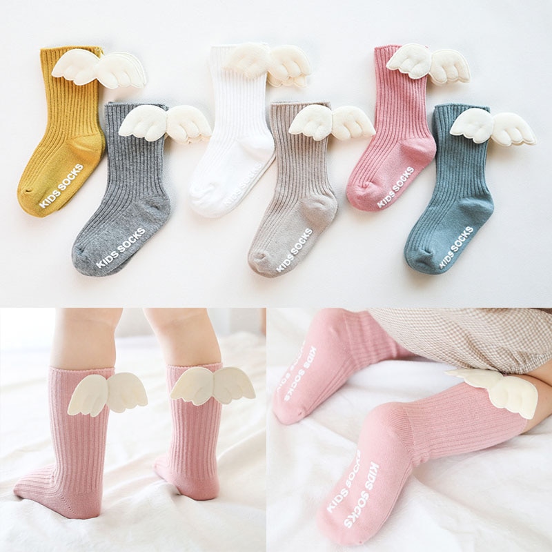 New Baby Girls Knee High Socks Angel Wing Summer Autumn Cotton Socks Solid Candy Color Children Toddler Short Socks For Kids
