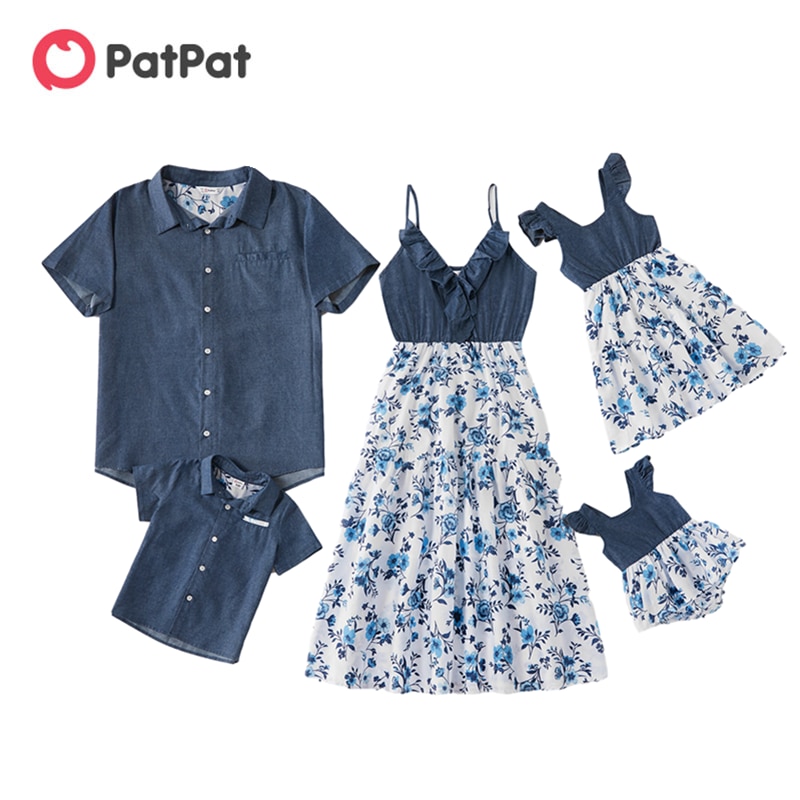 PatPat New Arrival Summer Mosaic Cotton Family Matching Floral Flounce Tank Dresses and Denim Tops Family Look Sets