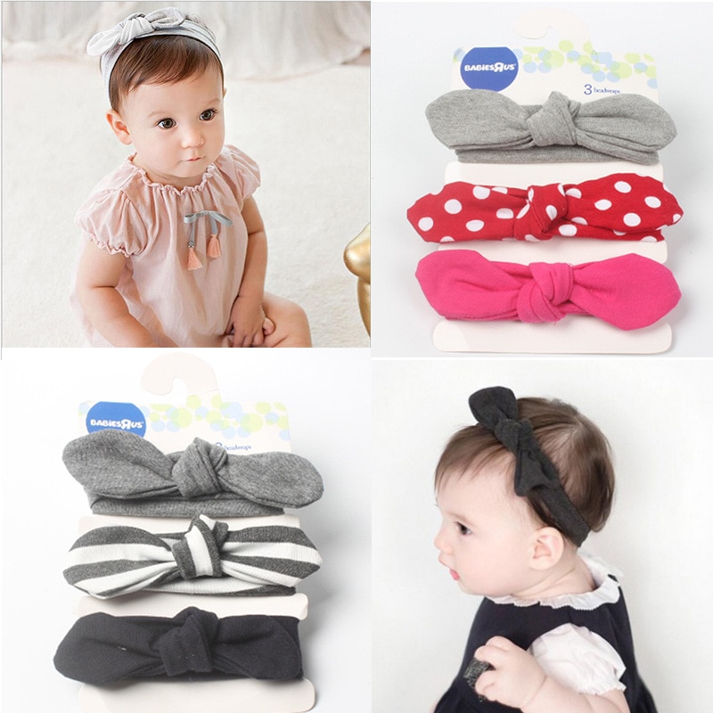 Cute 3pcs/lot Heart Dot Stripe Baby Kids Soft Knot Headbands Set Newborn Infant Girls Rabbit Ears Bow Headwrap Hairband Headwear