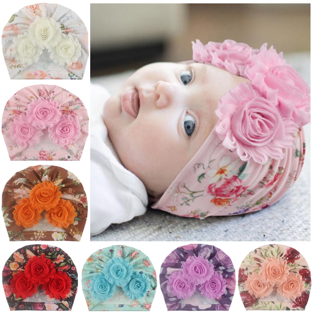 Cute 1PCS Infant Kids Newborn Baby Turban Headbands India Hats Beanie Cotton Blend Shabby Flower Caps Children Girl Boy Headwear