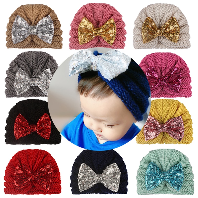 NEW! Baby Hat Sequined Bowknot Knitted Cotton Soft Comfortable Elastic Cap For Girls Kid Hats Hair Accessories Solid Color
