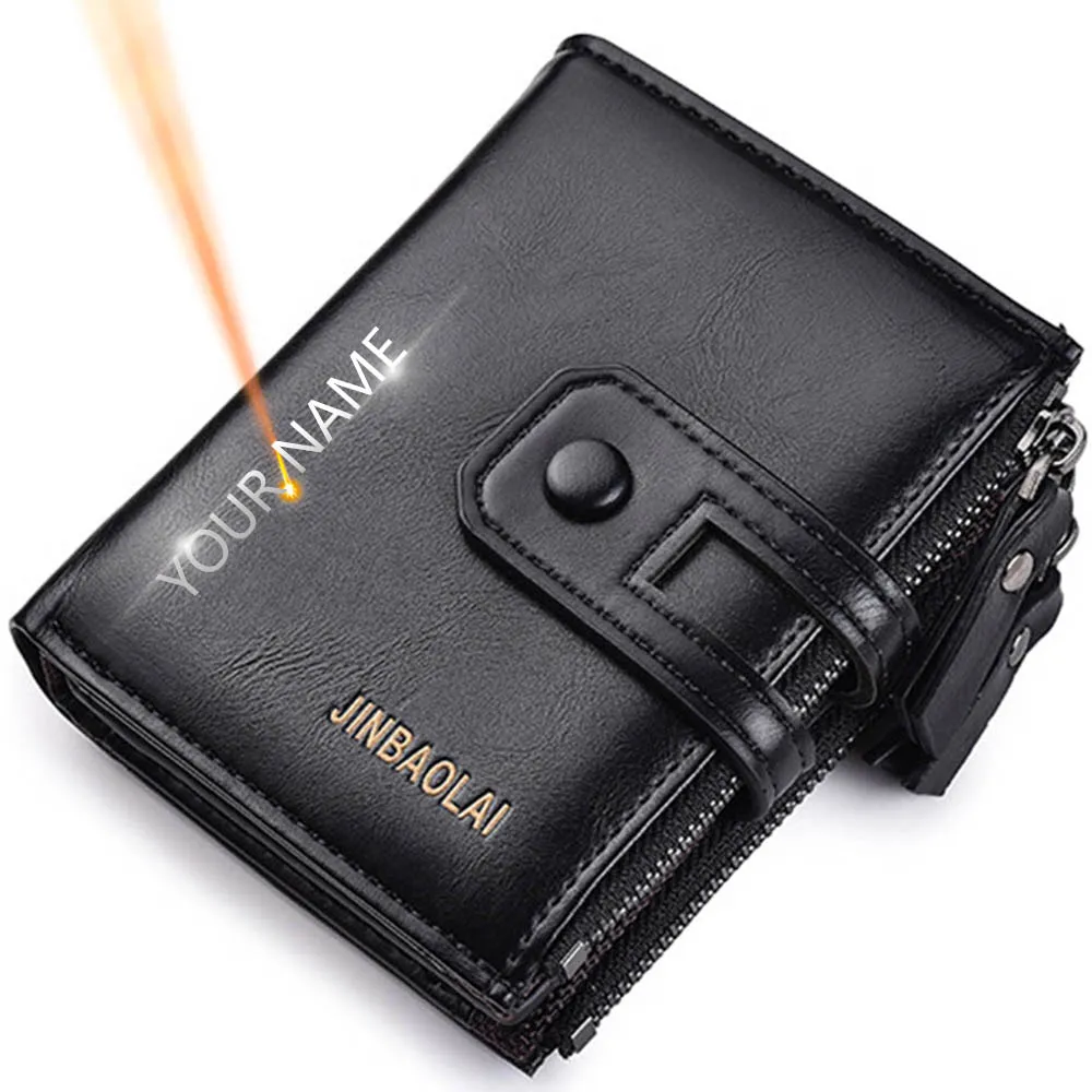 2024 Men Wallets Short PU Leather Double Zipper Hasp Men Purses Card Holder Coin Pocket Vintage High