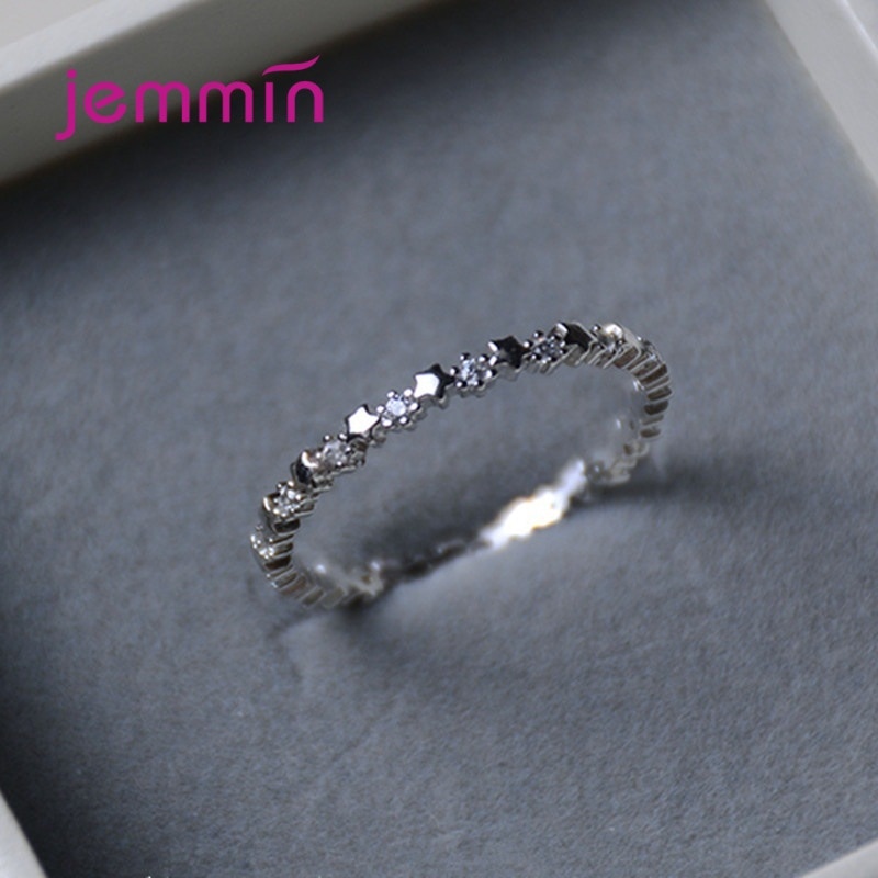 100% Real 925 Silver Vintage Stars Clear CZ Stackable Finger Ring For Women Girl Charm Fashion Fine Jewelry Bijoux