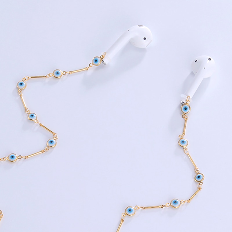 Teamer Anti-lost Earphone Holder Evil Eye Beads Charm Chain for Airpods Wireless Bluetooth Headphone Neck Strap Cord String 2022