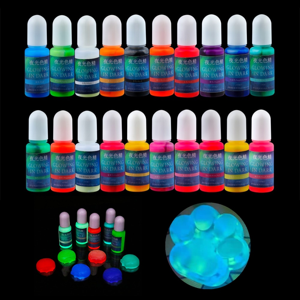 20 Colors 10ml Fluorescent Pigment Luminous Paint Resin Dye UV Resin Coloring Epoxy Resin Pigment Glow in Night for DIY Crafts