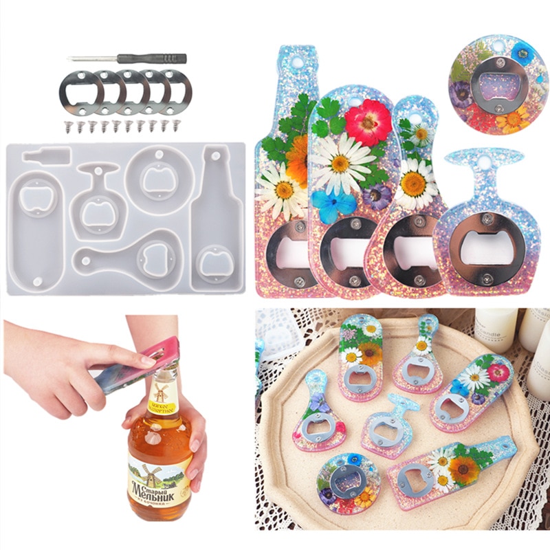 Corkscrew Beer Bottle Opener Resin Mold Set Epoxy Resin Glue Silicone Mold Dry Dried Flower Bottle Opener Handle Decoration