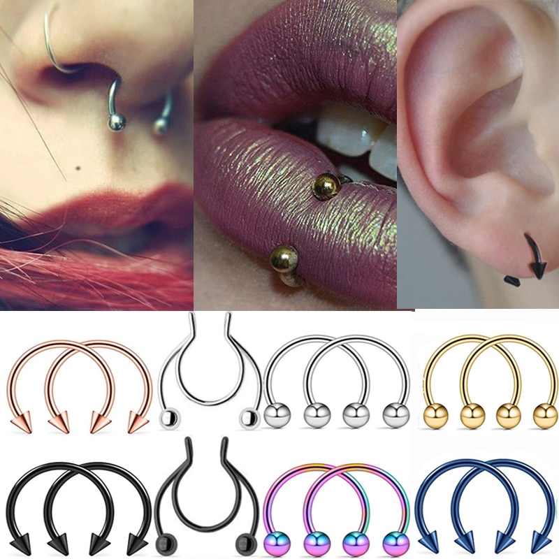 2pcs Surgical Stainless Steel Nose Ring Septum Horseshoe Hoop Earrings Ear Clip Lip Ring Hook Body Piercing Punk Jewelry