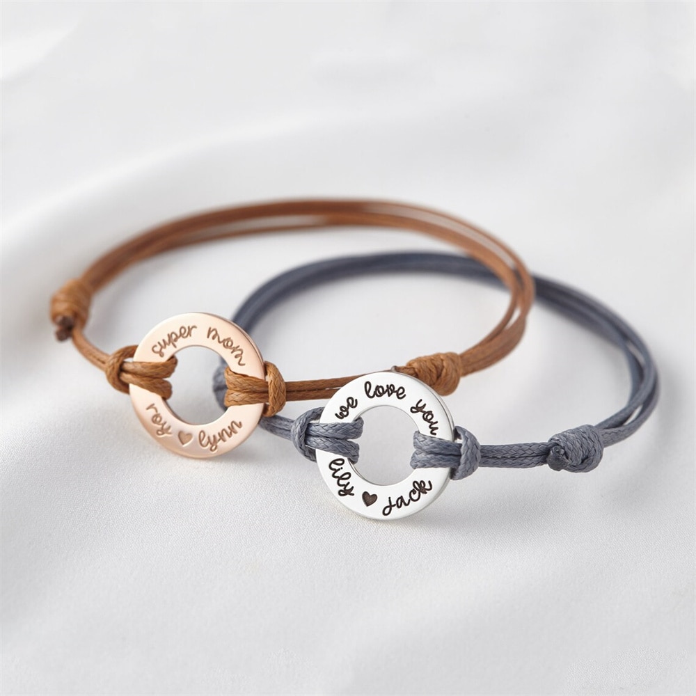 Tangula Personalized Rope Adjustable Bracelet Custom Name Circle Stainless Steel Bracelet for Her Best Gift