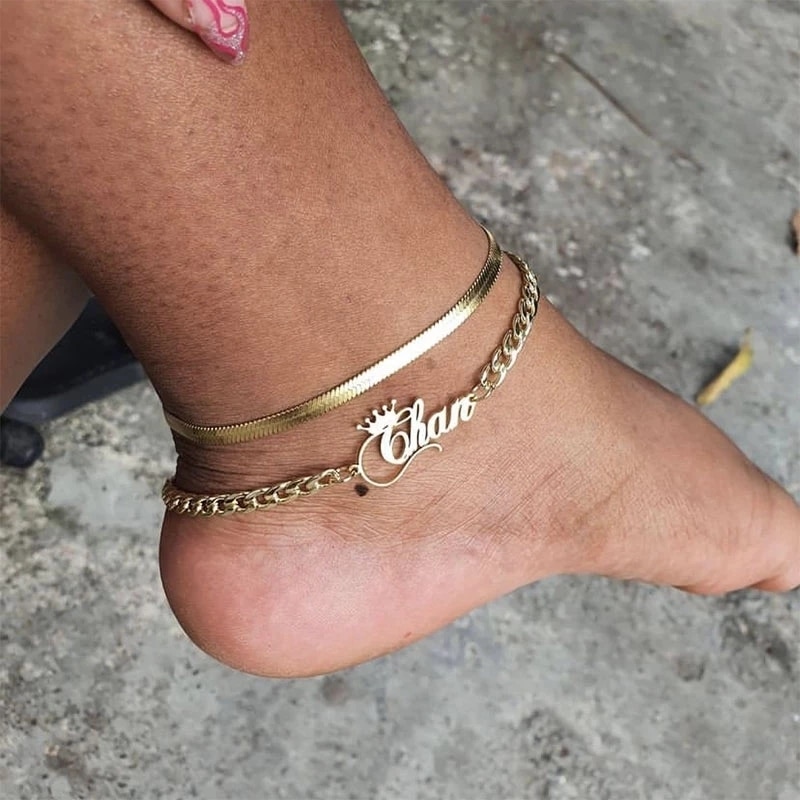 Fashion Customed Name Anklet Bracelets With Crown Stainless Steel Curb Chain Letter Anklets Women Charm Jewelry Christmas Gifts