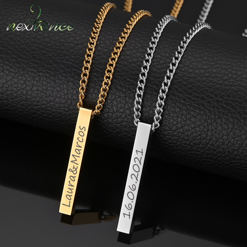 Nextvance Engraved Bar Necklace Stainless Steel Personalized Cuban Custom Name Pendant Necklaces For Women Men Boy Jewelry Gift