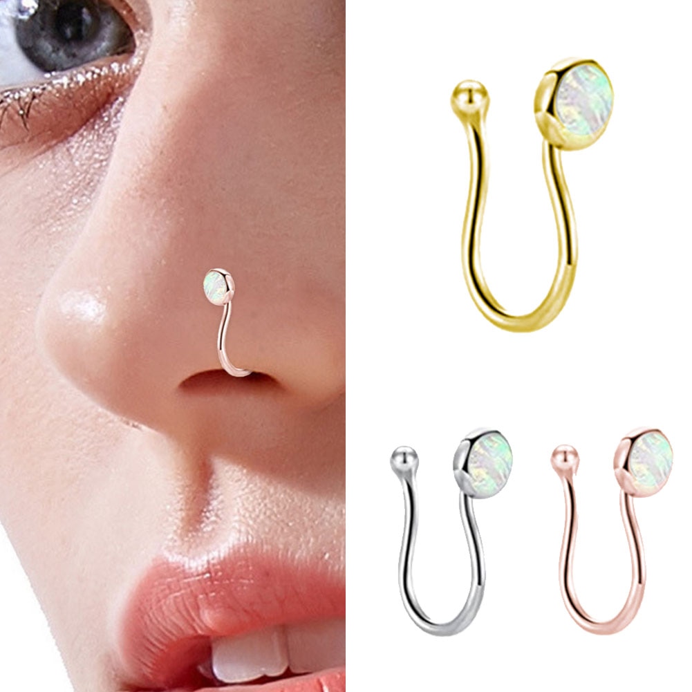 U-shaped Opal False Clip On Nose Ring Stud Hip Hoop Stainless Steel Magnet Nose Piercing Punk Body Jewelry Accessories For Women