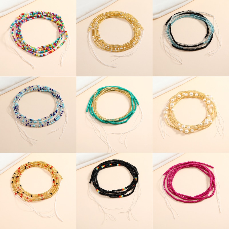 Boho Colorful Beads Waist Chains For Women Plus Size African Non-Stretching Tie-on Belly Chain Summer Bikini Beach Body Jewelry