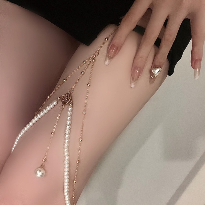 European j fashion exaggerated simple multi-layer pearl chain leg chain female INS creative personality long body chain jewelry
