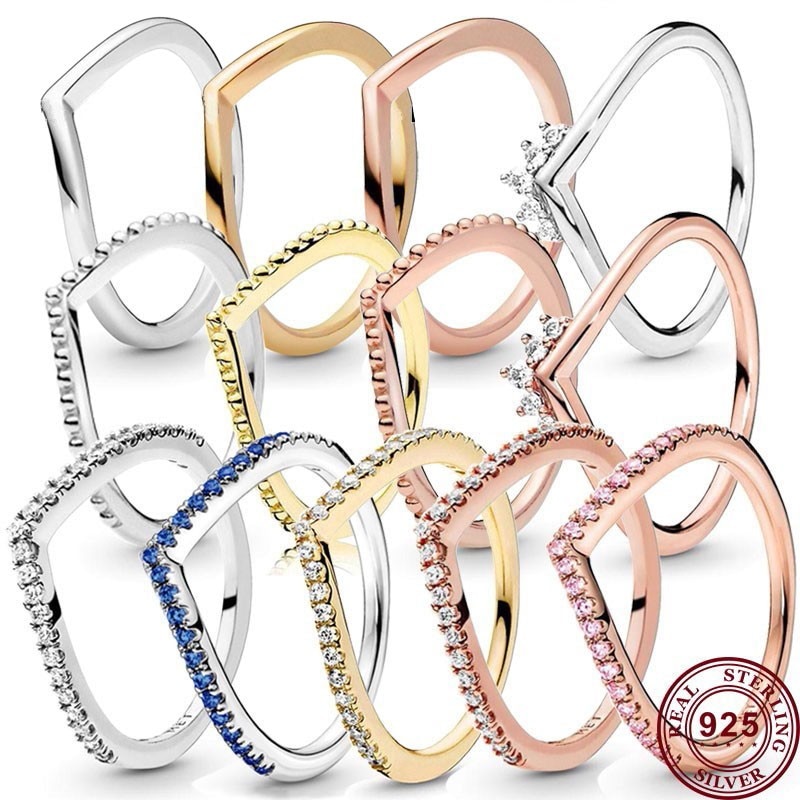 New Hot 925 Silver Exquisite V-shaped Wishing Bone Princess Crystal Crown Women's Ring Wedding Gift High Quality Charm Jewe