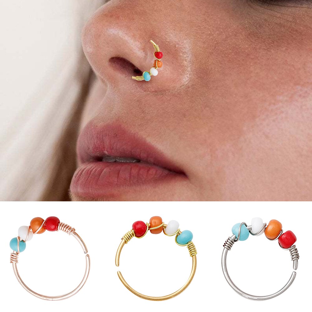 1Pcs Fashion Retro Round Beads Gold Color Nose Ring For Women Nostril Hoop Body Piercing Jewelry Nose Clips Faux Septum Piercing