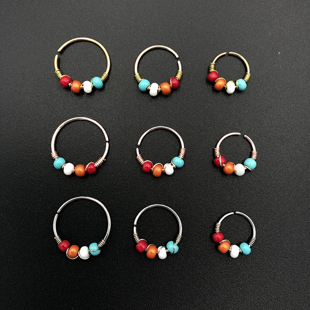 Punk Fashion Retro Round Beads Gold Color Nose Ring For Women Nostril Hoop Body Piercing Jewelry Nose Clips Faux Septum Piercing