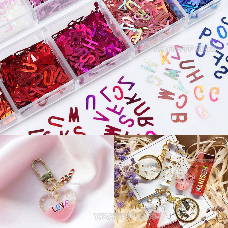 12Grids Holographic Glitter English Alphabet Flakes For Epoxy Resin Mold Filling Silicone Mold Jewelry Making DIY Accessories