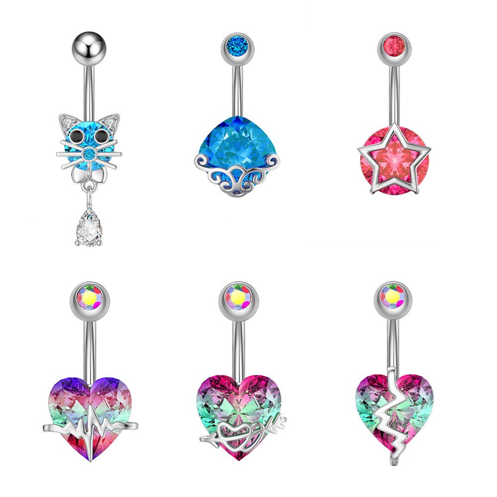 1Pc Zircon Heart Barbell Navel Rings Piercing Belly Jewelry Surgical Steel Navel Belly Button Rings