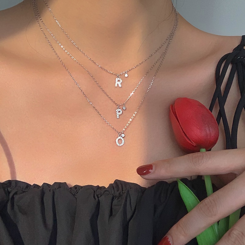 925 Sterling Silver Letter Necklace Shiny Zircon Letter Pendant Collar Chain Your Name Necklace Wedding Jewelry Birthday Gift