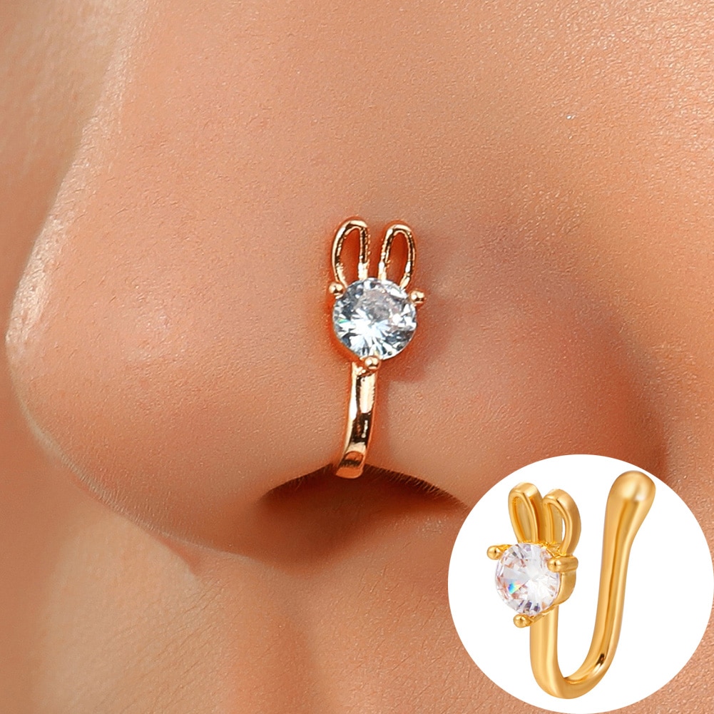 Fake Nose Cuff for Women Clip on Nose Rings Body Jewelry for Teen Girls Rabbit Crystal Stone Non-perforated U-shaped Nose Clip
