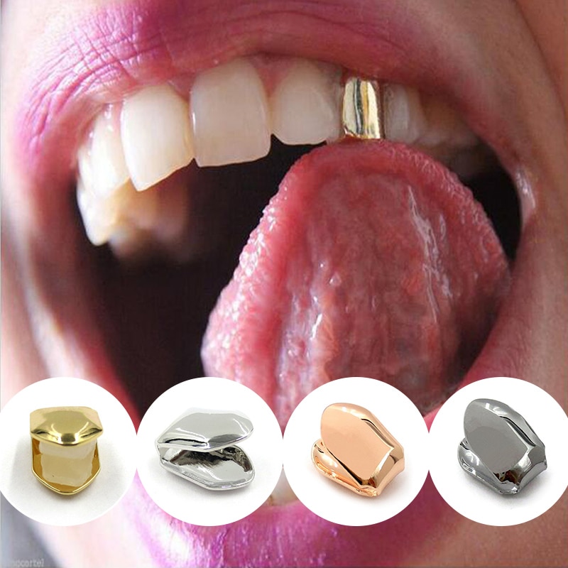 4 Colors Custom Fit Gold Plated HipHop Single Tooth Grillz Cap Top Bottom Dental Grill Teeth Caps Halloween Cosplay