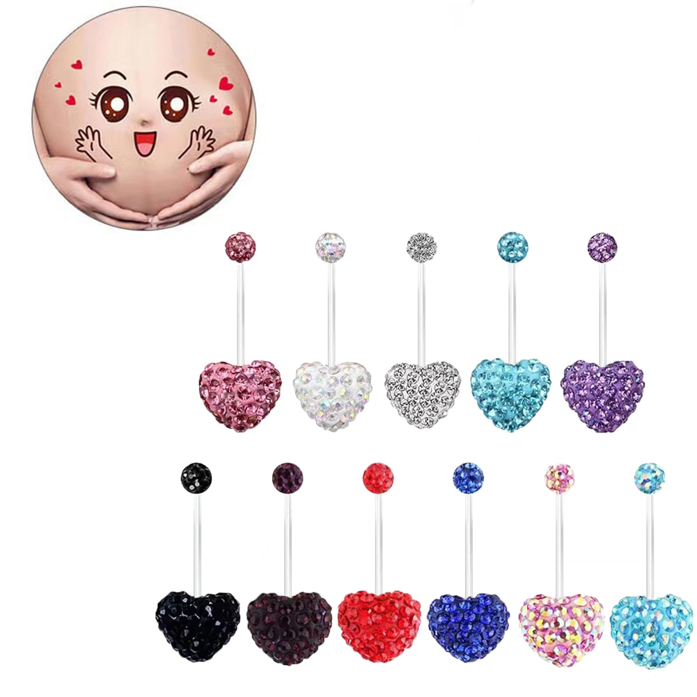 Fake Belly Button Piercing Heart Navel Ring Belly Piercing Soft Clay Inlaid With Diamond Jewelry for Pregnant Women Navel Rings