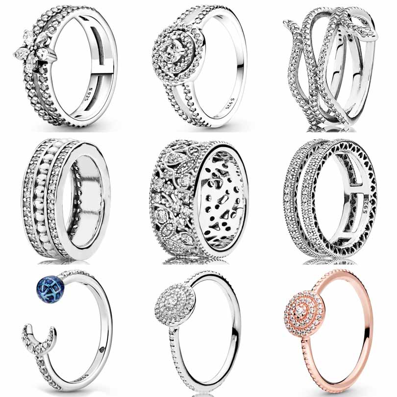 New 925 Sterling Silver Ring Shimmering Leaves Thick Band Elegant Sparkle Double Hearts Snowflake Ring For Women pandora Jewelry
