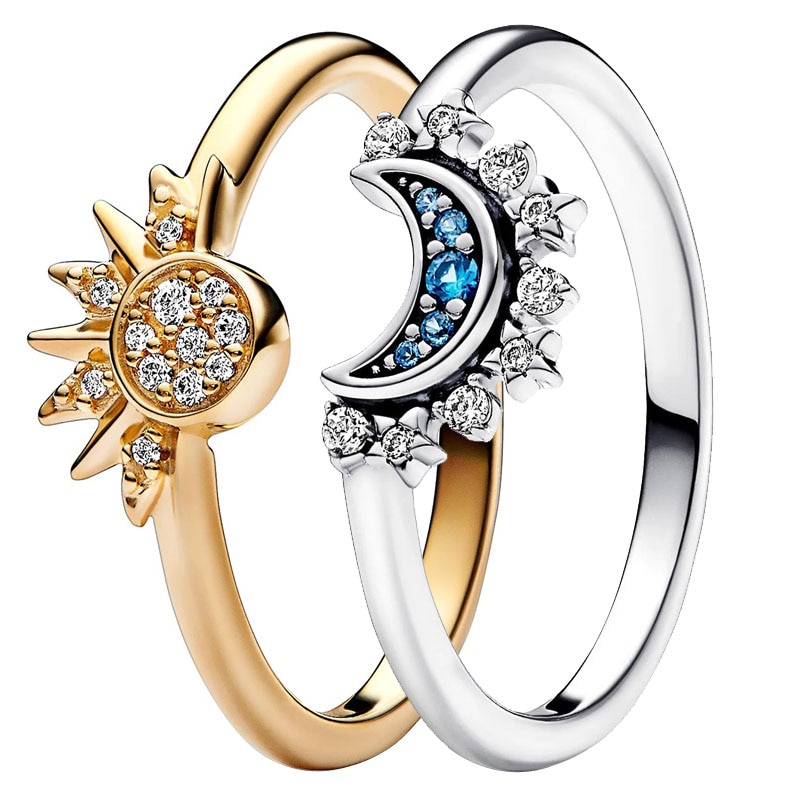 New 925 Sterling Silver Golden Shine Celestial Blue Sparkling Moon And Sun Ring With Crystal For Women Gift Fashion Jewelry