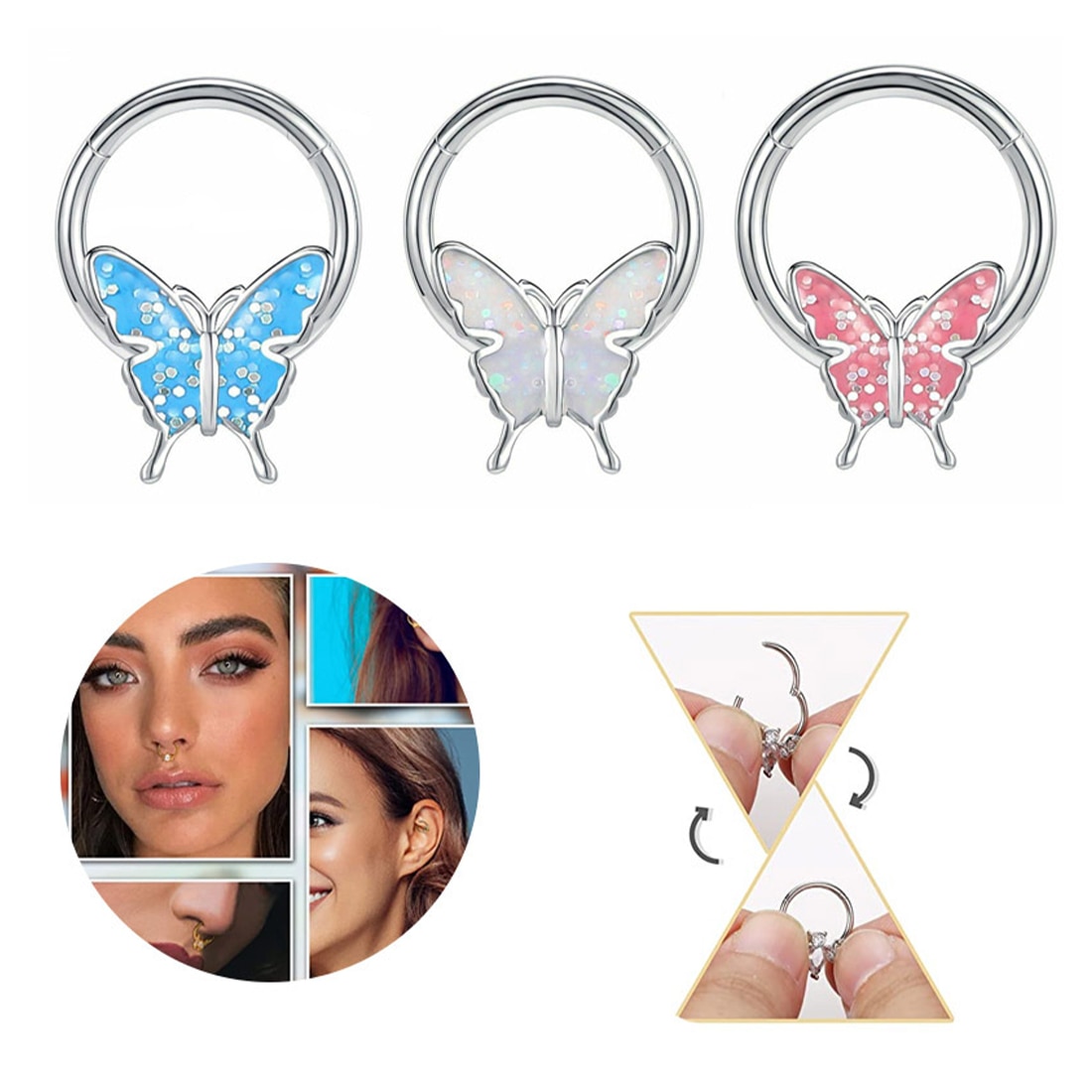Fashion Butterfly Nose Ring Septum Clicker Piercings Septum Hoop Jewelry Small Cartilage Tragus Helix Earring Stainless Steel