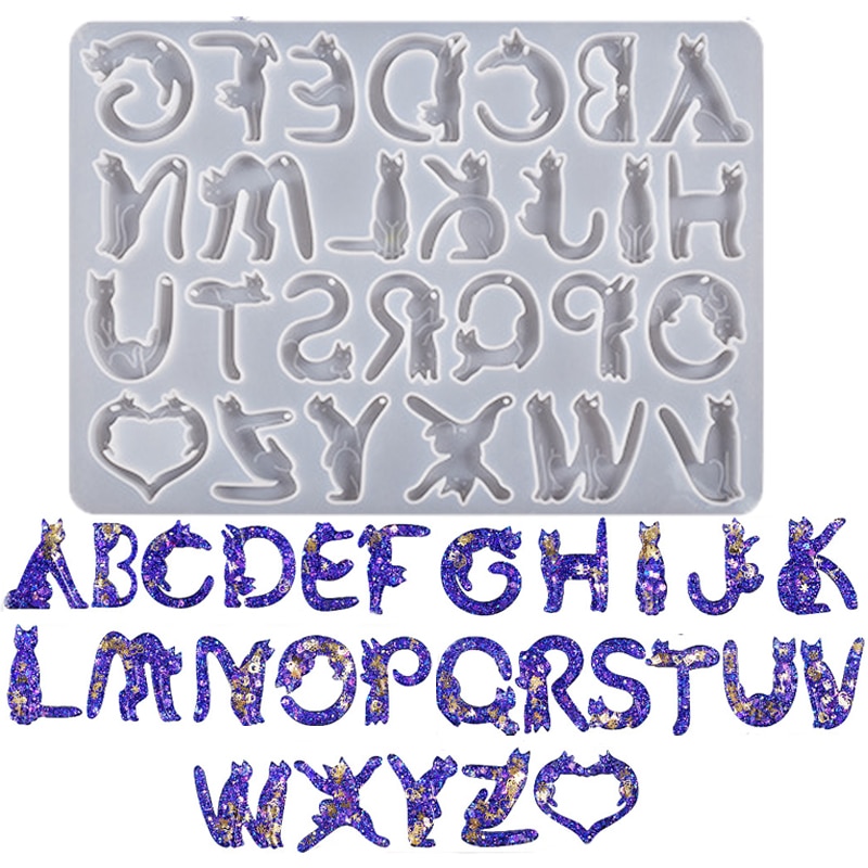 Cat Shaped 26 Alphabet Letter Resin Silicone Molds for Keychain Jewelry Pendant Making DIY Letter & Ornament Epoxy Molds