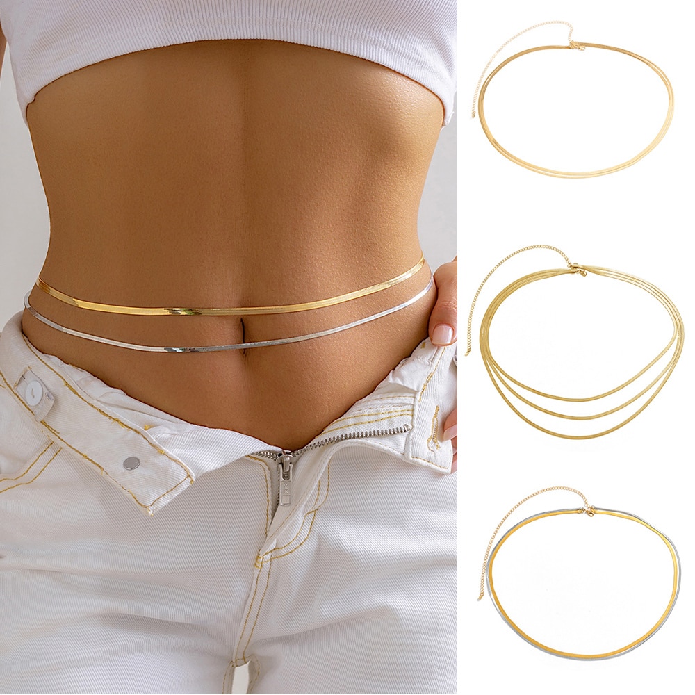 2023 Sexy Flat Snake Chain Waist Belly Belt for Women Summer Beach Bikinis Simple Body Chain Festival Jewelry Accessories