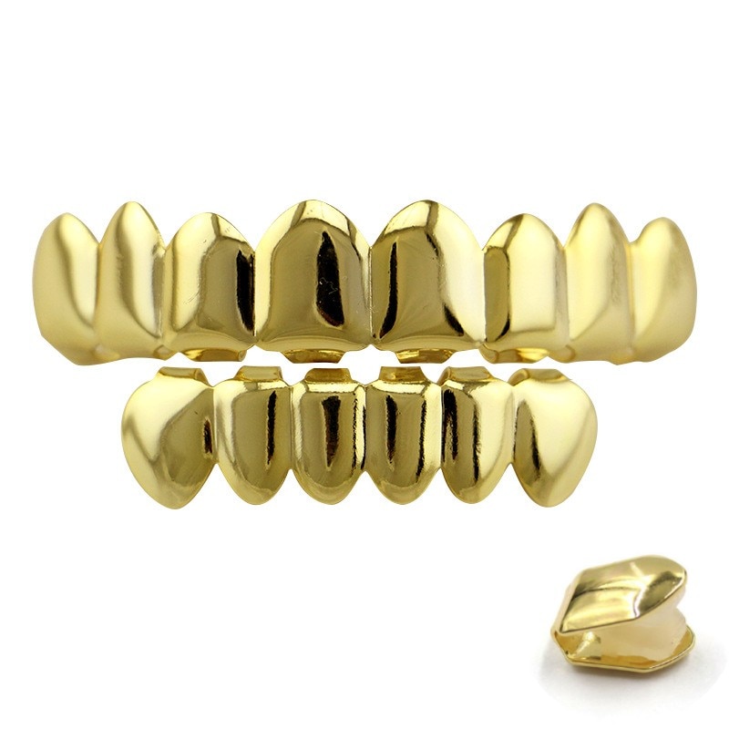Rapper 18K Gold Plated Teeth Grillz Set Silver Color Top Bottom 8/8 Hip Hop Tooth Grills Caps Body Jewelry Cosplay Part Gifts