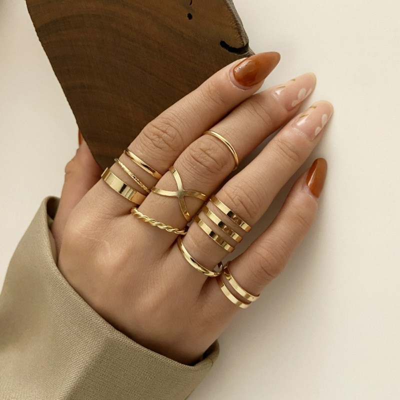 Golden Ring Bohemian Creative Retro Simple Multi-Layer Opening Cross Twist Ring Set Jewelry For Women Geometric Ring
