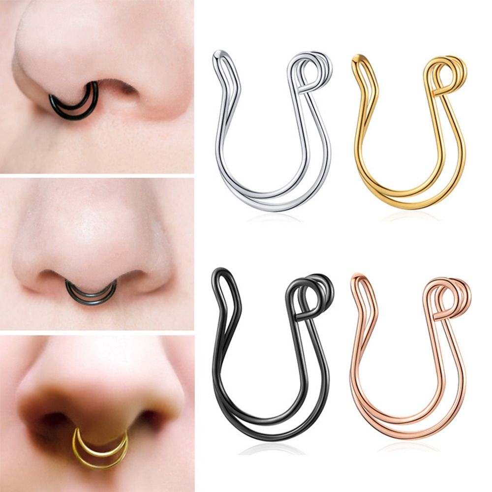 Double-layer Nose Clip Fake Septum Piercing Nose Rings Punk Non Piercing Clip On Hip Hop Stainless Steel Fashion Non Perforation