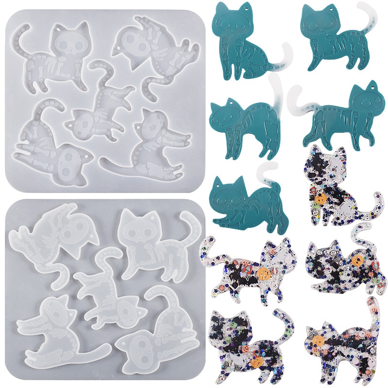 DIY Embossed Skeleton Cat Pendant Silicone Mould Resin Handicraft Casting Mold Handmade Halloween Keychain Craft Making Tools