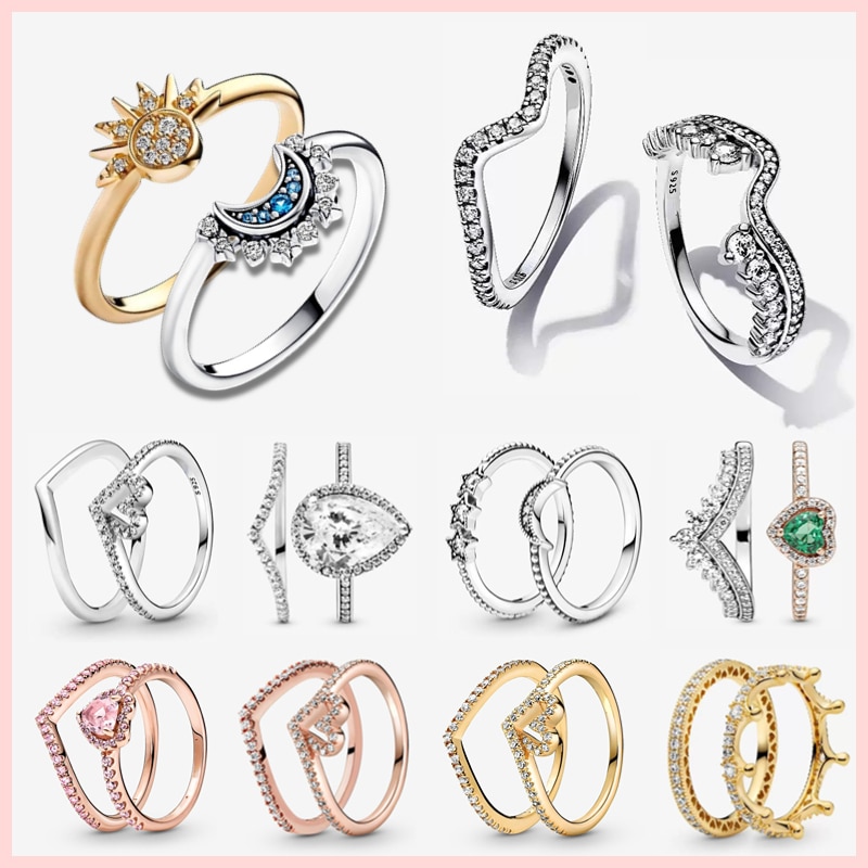 100% 925 Sterling Silver Sparkling Pink Heart Wishbone Celestial Sun Moon Rings For Women Party Wedding Jewelry Fashion Ring Set