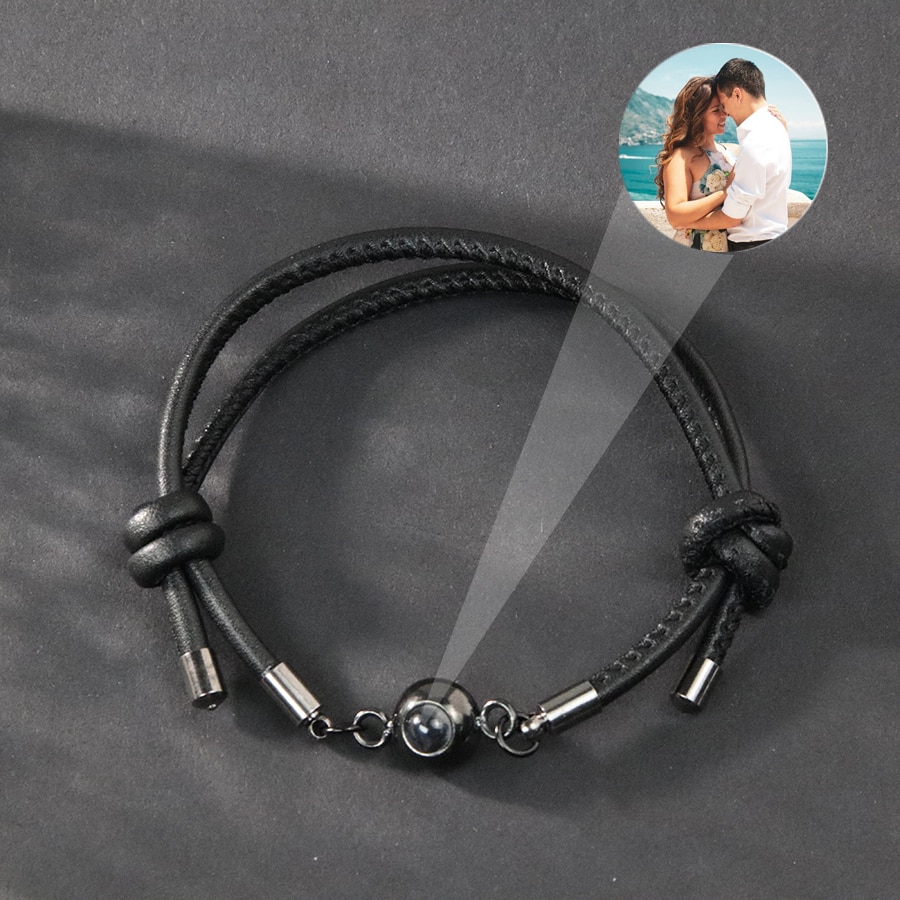 Genuine Leather Double Layer Customize Photo Projection Bracelet Bangle for Men Women Christams Gift