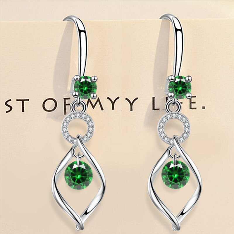 KOFSAC Shiny Zircon Crystal Red Blue Purple Green White Round Water Droplet Earrings Women 925 Sterling Silver Earring Jewelry