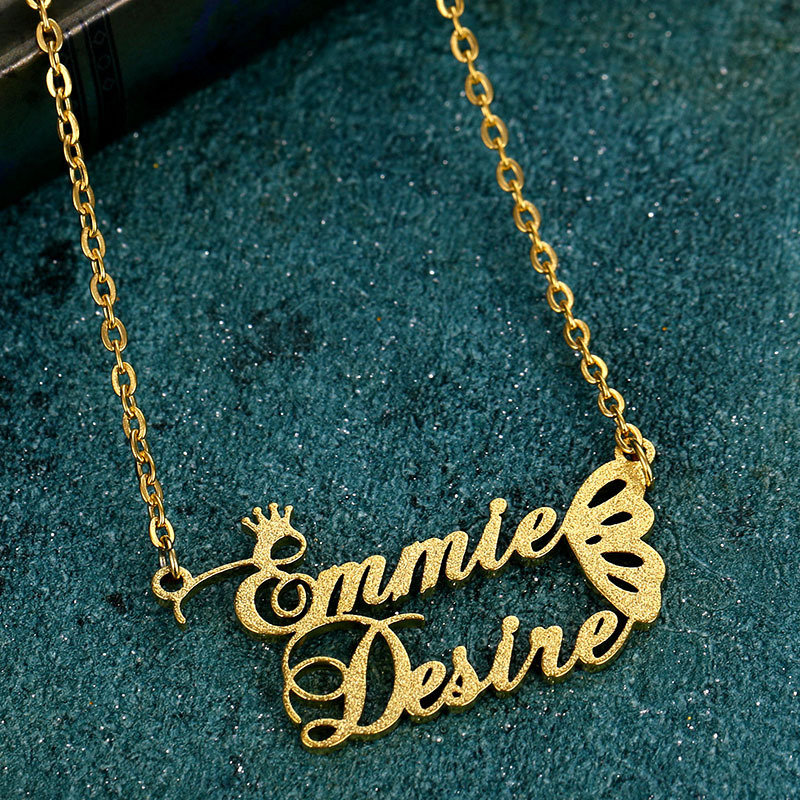 Custom Two Name Necklace for Women Stainless Steel Butterfly Pendant Neck Chain Choker Personalized Crown Jewelry Birthday Gift