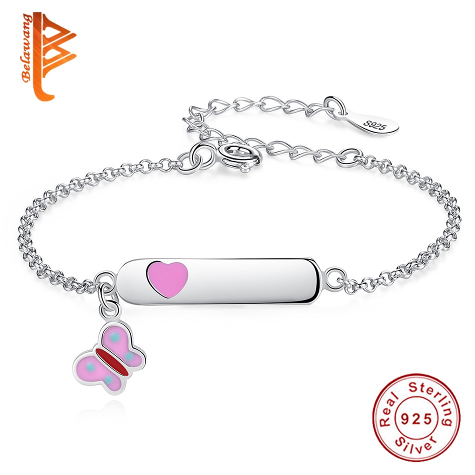 BELAWANG 925 Sterling Silver Butterfly Heart Charm Bracelet Engrave Name Customized Bracelet Girls Children Personalized Jewelry