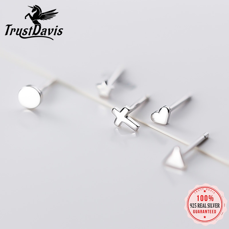 Trustdavis Genuine 925 Sterling Silver Gold Triangle Heart Star Cross Round Stud Earrings For Women Silver 925 Jewelry ED395