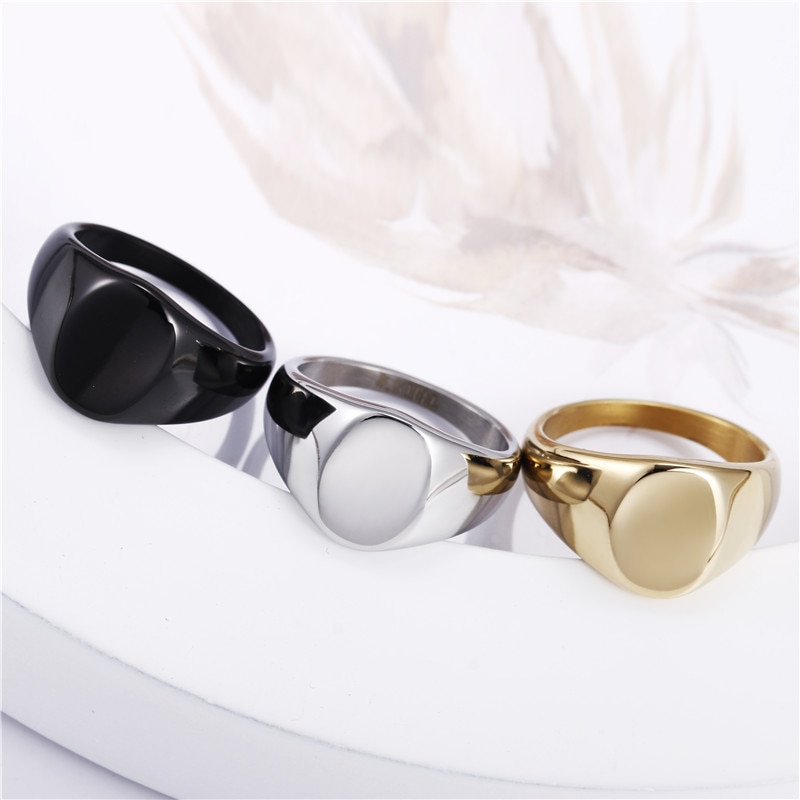 Custom laser engrave Logo Name Rings Oval Width Signet Ring Stainless Steel Finger Special Gift For Women Men personlity Jewelry